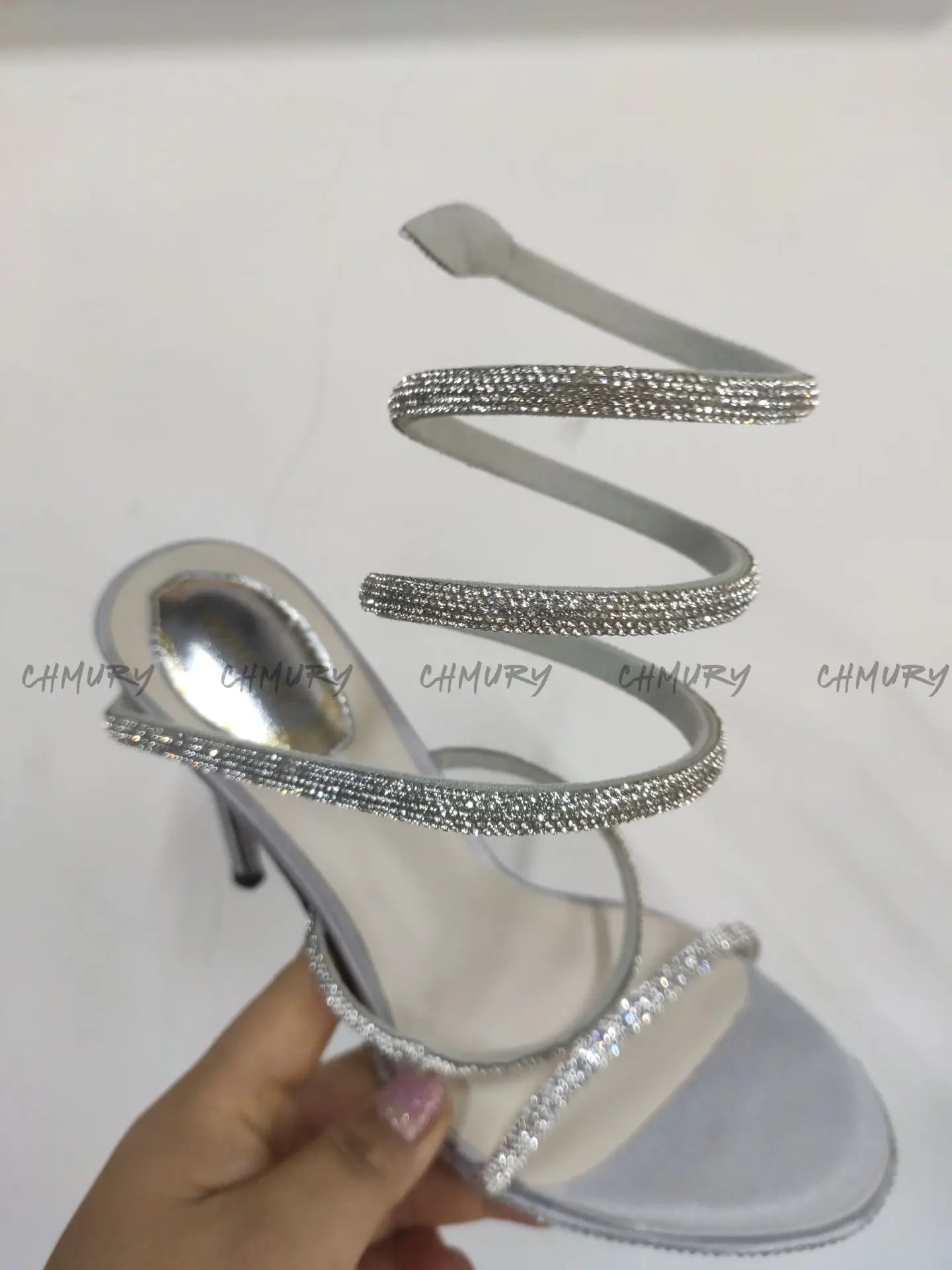 CHMURY Snake Wrapped Sandals Women's Summer Fashion 2024 New Black Sexy Rhinestone Glitter Craystal Thin Heel High Heels