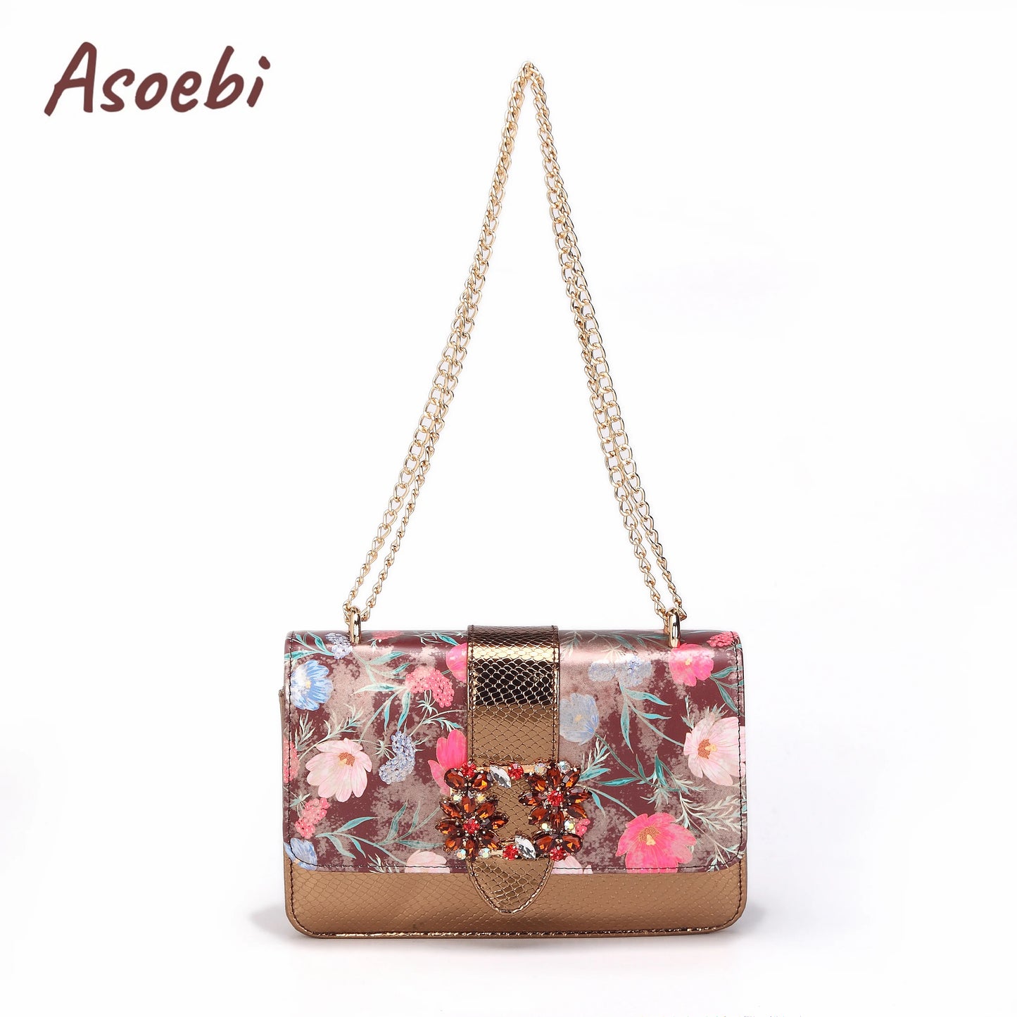 Women High Heels Sandals Printing Flower Material with Rhinestone Italian Design Coffee Color Pointed Toe Shoes and Bags Set