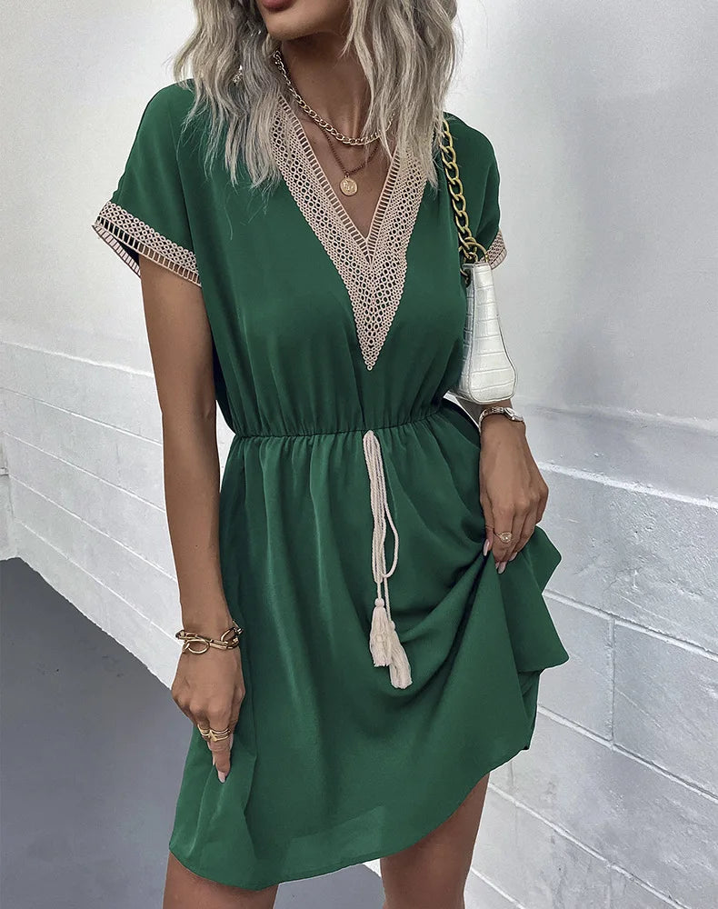High Quality Dress Women Summer 2024 Casual Hollow Lace Patchwork V-neck Short Dress Tassels Tied Waist Belt Vintage Vestido Y2k