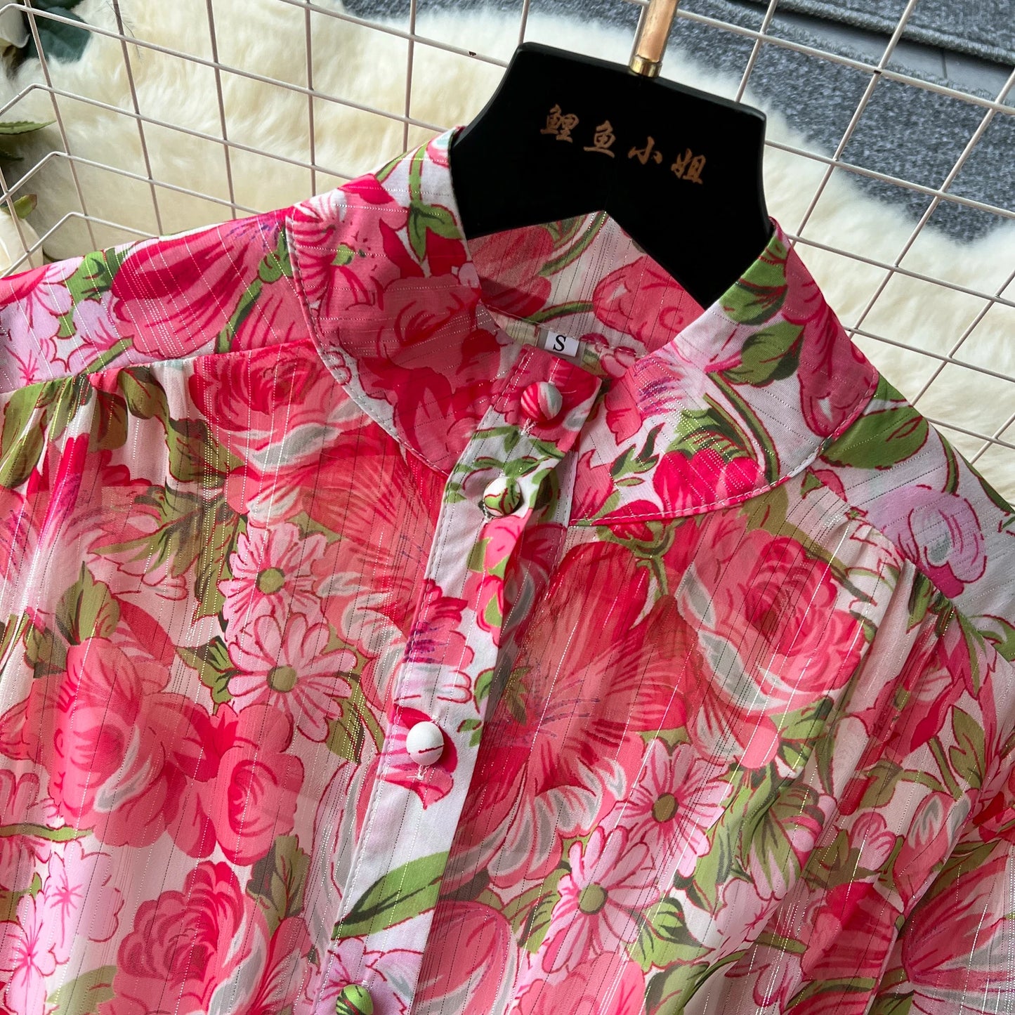 Retro Print o neck lool sleeve sashes Single Breasted Dress A-line Casual High Waist Women Summer chiffon Dresses