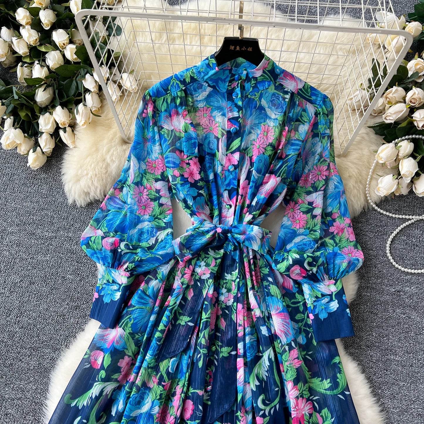 Retro Print o neck lool sleeve sashes Single Breasted Dress A-line Casual High Waist Women Summer chiffon Dresses