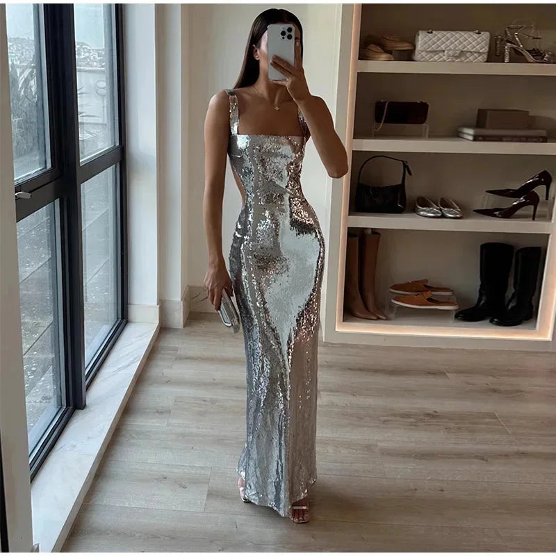 Meshkis Sexy Sling Backless Silvery Maxi Dresses For Women Club Shiny Dress Glittering Sleeveless Robes Evening Party Vestidos