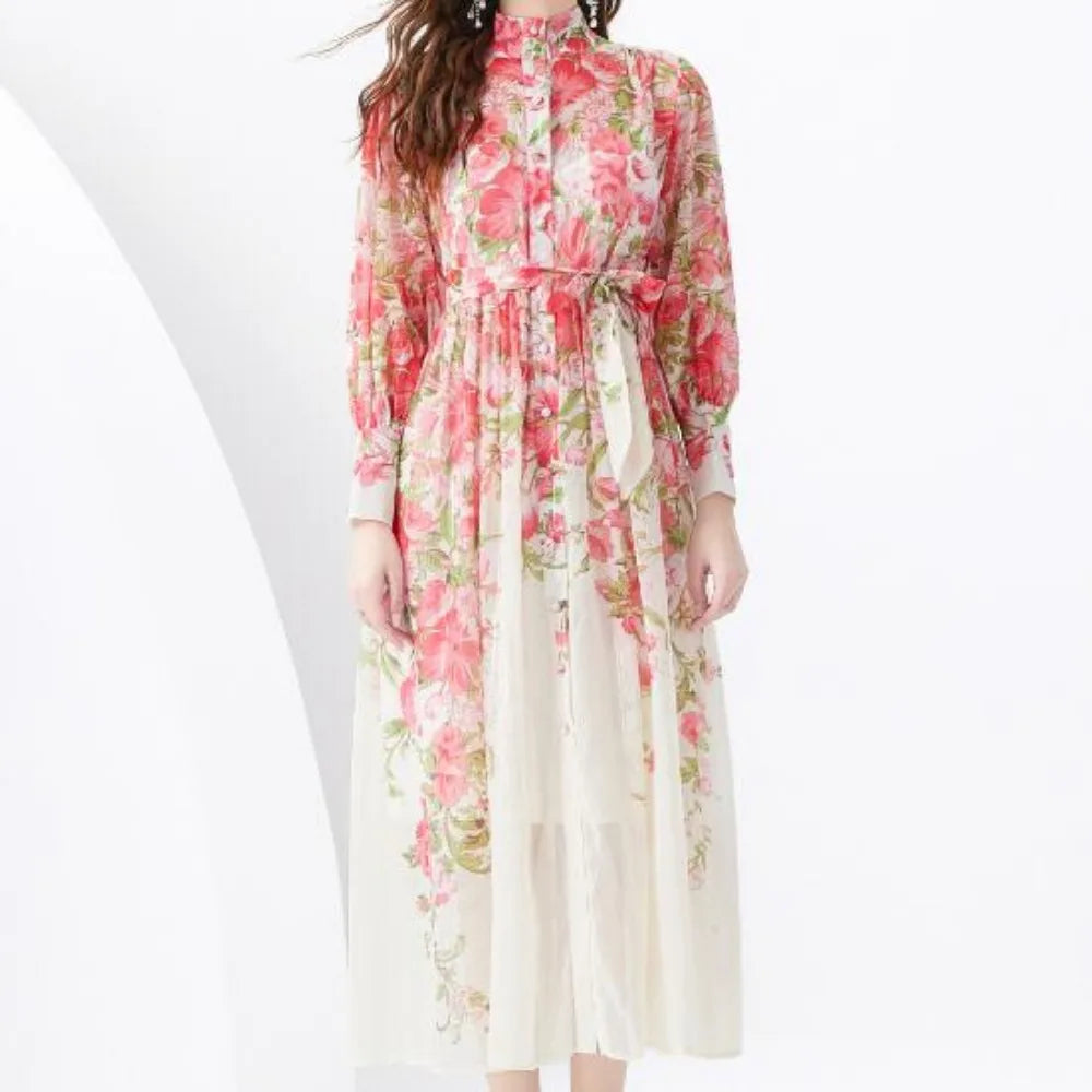 Retro Print o neck lool sleeve sashes Single Breasted Dress A-line Casual High Waist Women Summer chiffon Dresses