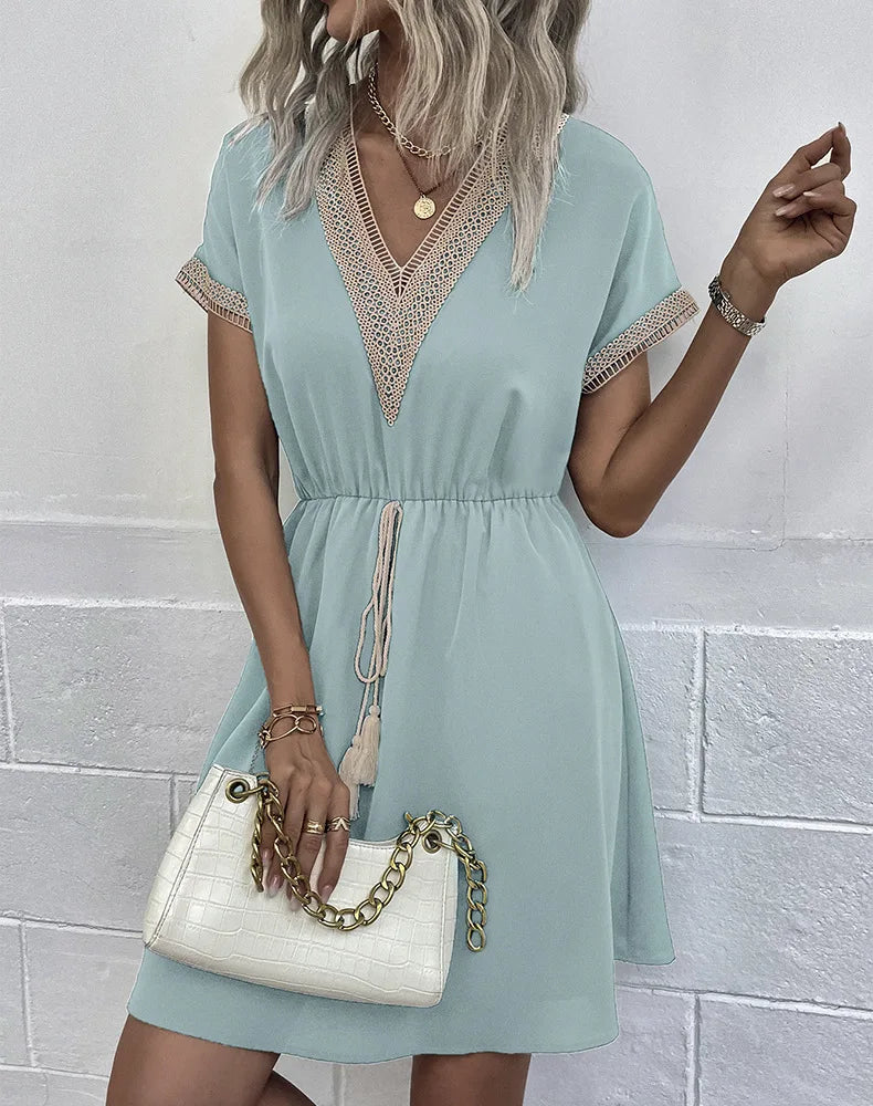 High Quality Dress Women Summer 2024 Casual Hollow Lace Patchwork V-neck Short Dress Tassels Tied Waist Belt Vintage Vestido Y2k