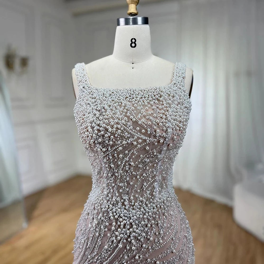 Serene Hill White Nude Spaghetti Strap Mermaid Evening Dresses Gowns Luxury Pearls Beaded For Women Wedding Party 2024 LA72266