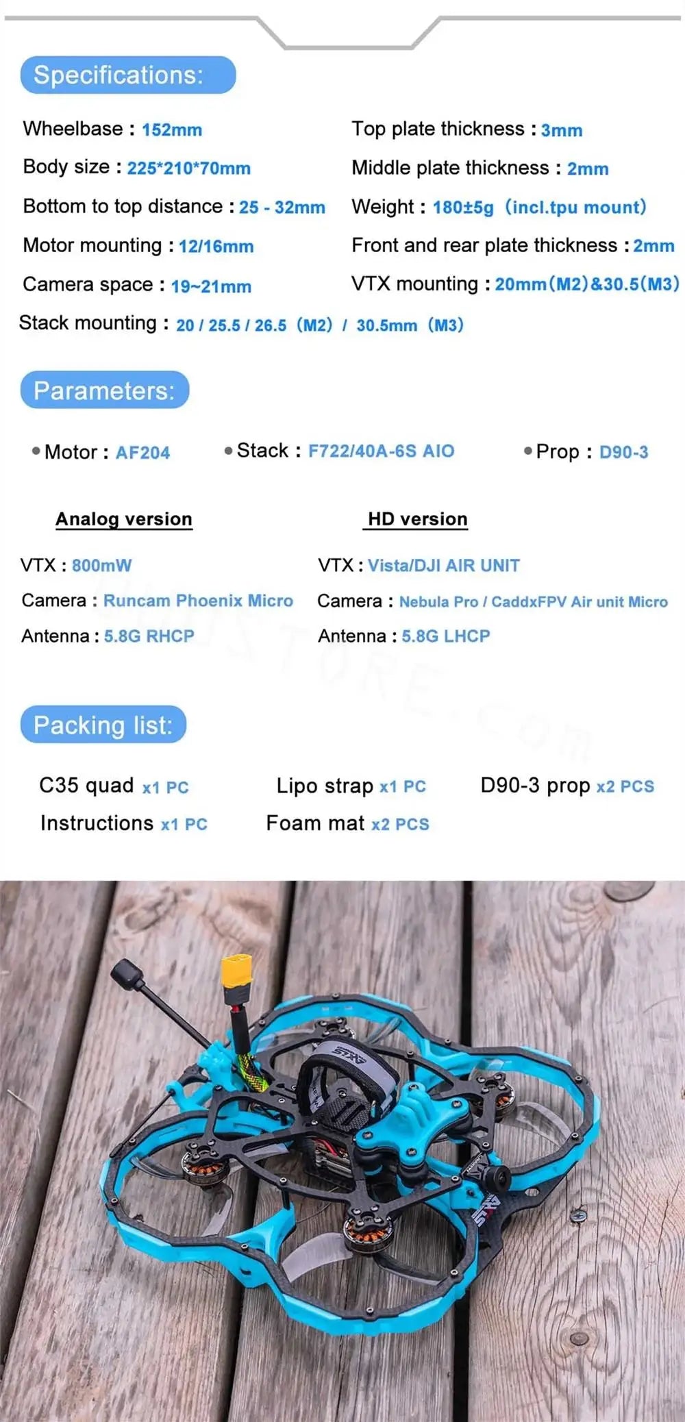 Axisflying Blue Cat C35 HD Analog 152mm F7 AIO 40A ESC 6S 3.5 Inch Cinematic FPV Racing Drone DJI Air Unit Nebula Pro HD System