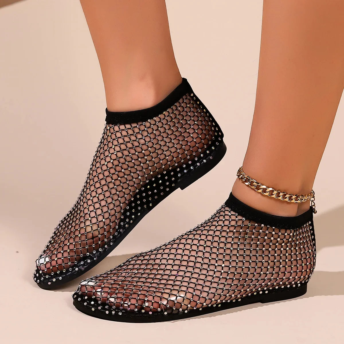 Shiny Mesh Low Heel Sandals Woman Summer Flats Luxury Crystal Woman Shoes Stretchy Sexy Rhinestone Cold Boots Sandalias Mujer