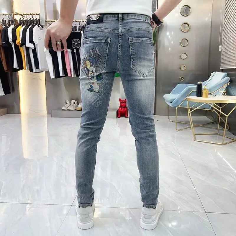High-end European Korean Men's Slim Fit Jeans with Tiger Diamond Print for Casual Wear Spring Autumn Stretch Luxury Clothing Men