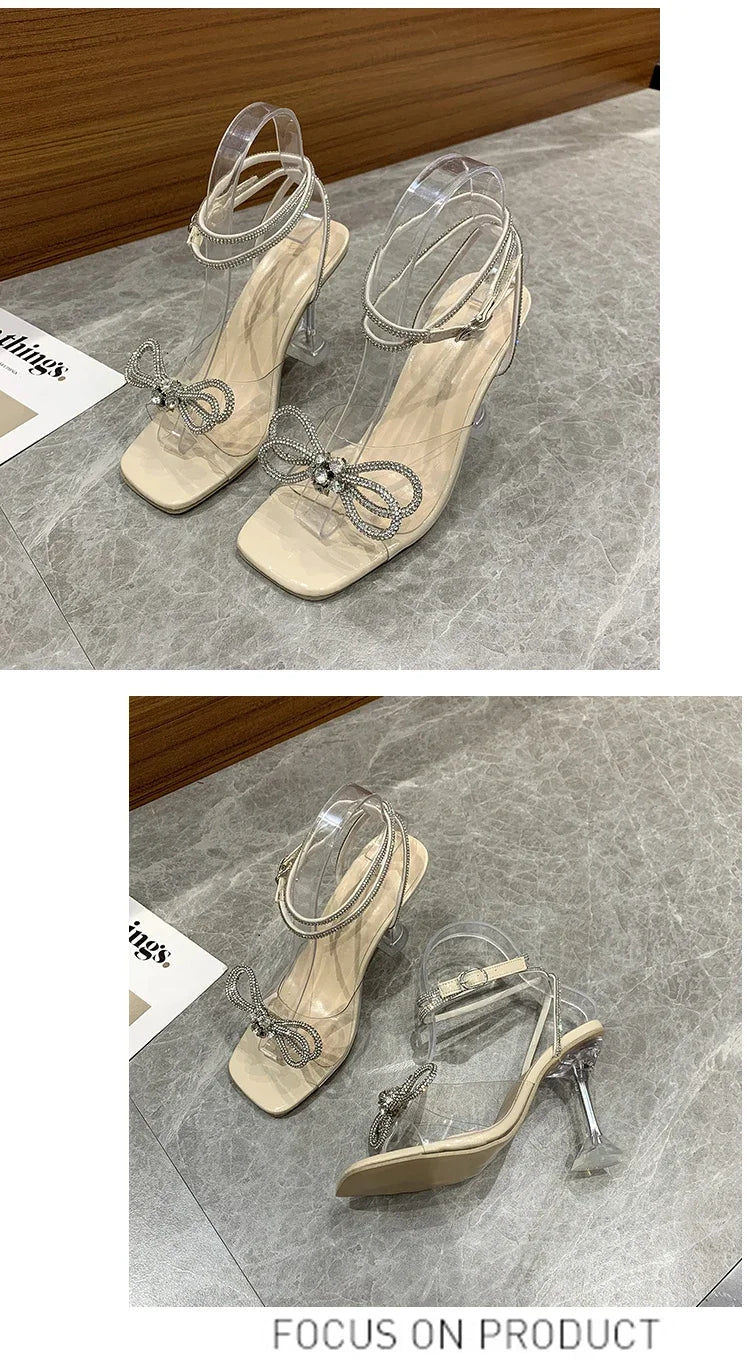 Sexy Rhinestone Bowknot Women's Sandals Jelly Transparent High Heels Summer Ankle Buckle Strap Party Shoe