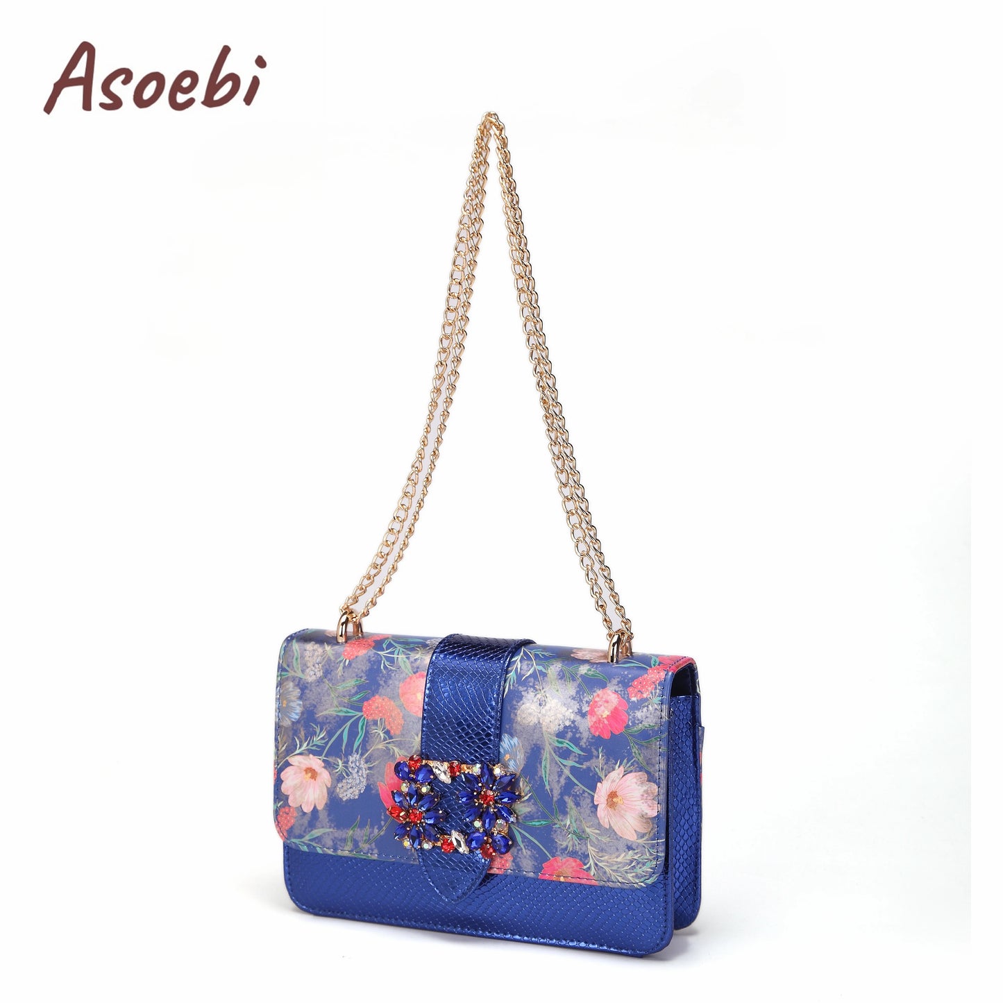 Women High Heels Sandals Printing Flower Material with Rhinestone Italian Design Coffee Color Pointed Toe Shoes and Bags Set