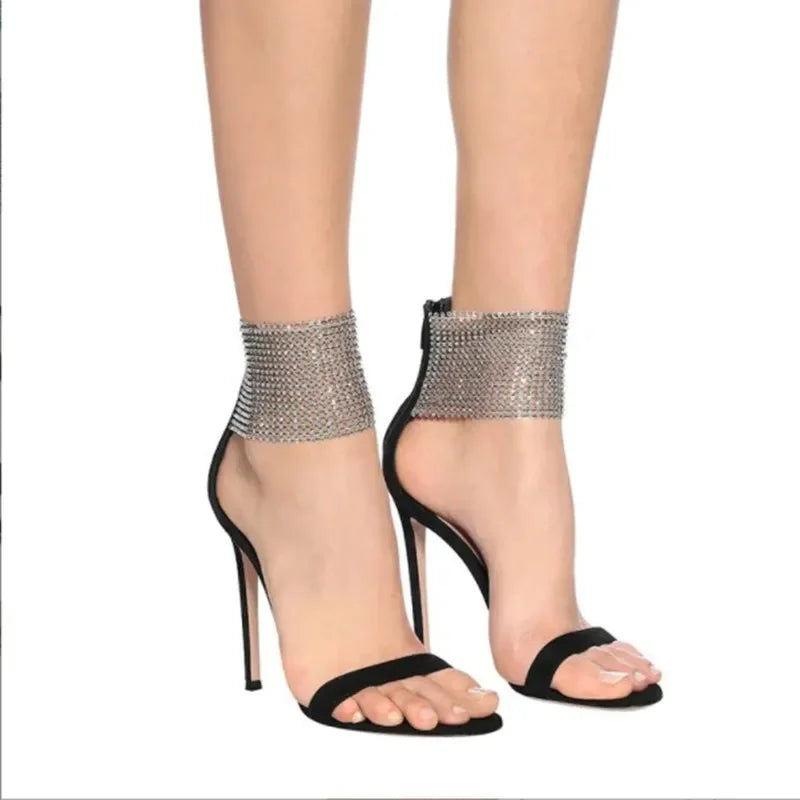 2024 Summer New Rhinestone Stiletto Sandals for Women Sexy Open Toe Faux Suede Back Zipper Super High Heels Wedding Party Shoes