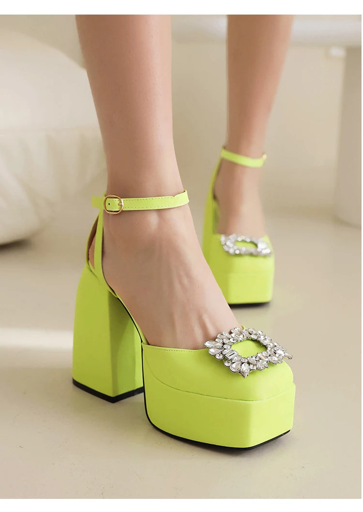 Plus Size Square Toe Super High Thick Heel Rhinestone Decal Hollow Sexy Women's Sandals Satin Fabric Ankle Strap Platform Sandal