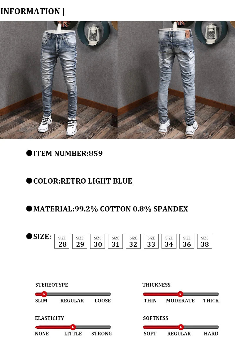 Fashion Designer Men Jeans Retro Light Blue Stretch Slim Fit Printed Ripped Jeans Men Hole Trousers Vintage Casual Pants Hombre