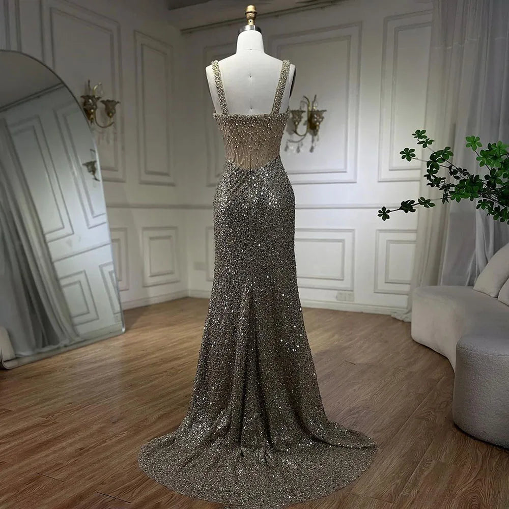 Serene Hill Beige Mermaid Floor Length Evening Gowns Luxury Beaded Crystal Spaghetti Strap Party Drsses For Women 2024 LA72163