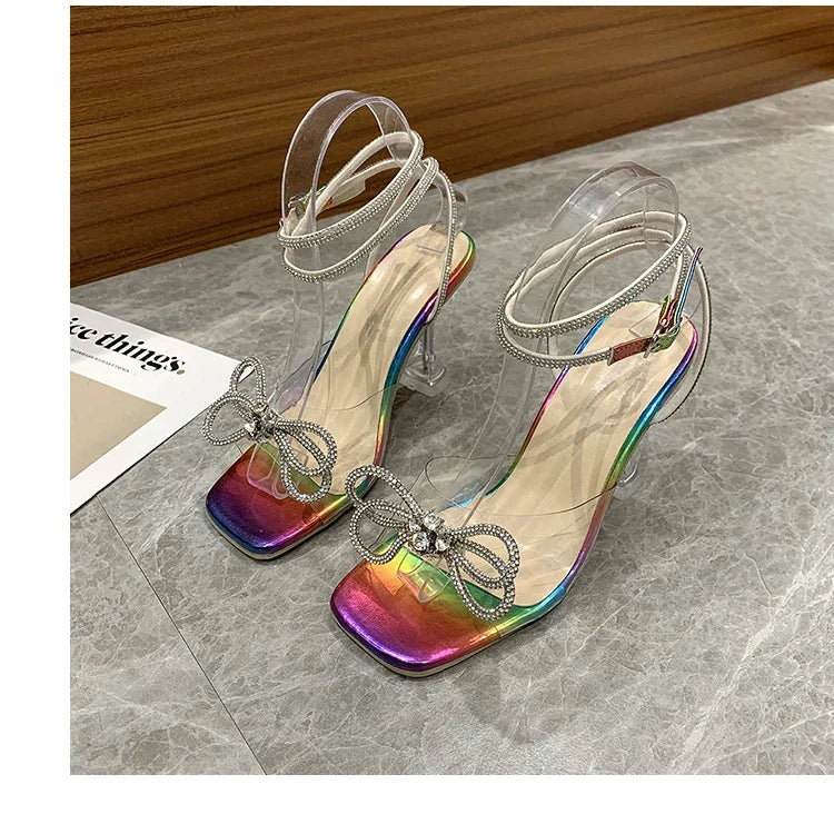 Sexy Rhinestone Bowknot Women's Sandals Jelly Transparent High Heels Summer Ankle Buckle Strap Party Shoe