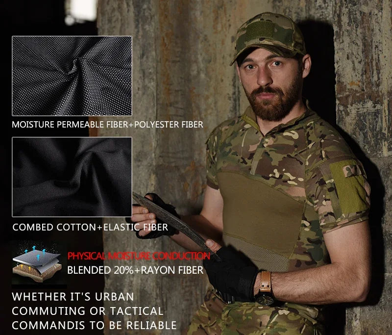 Outdoor Men T-Shirts Tactical Shirt 1/4 Zipper Short Camo TrainingTee Combat Shirts Paintball Hunting Clothing Wear-resistant
