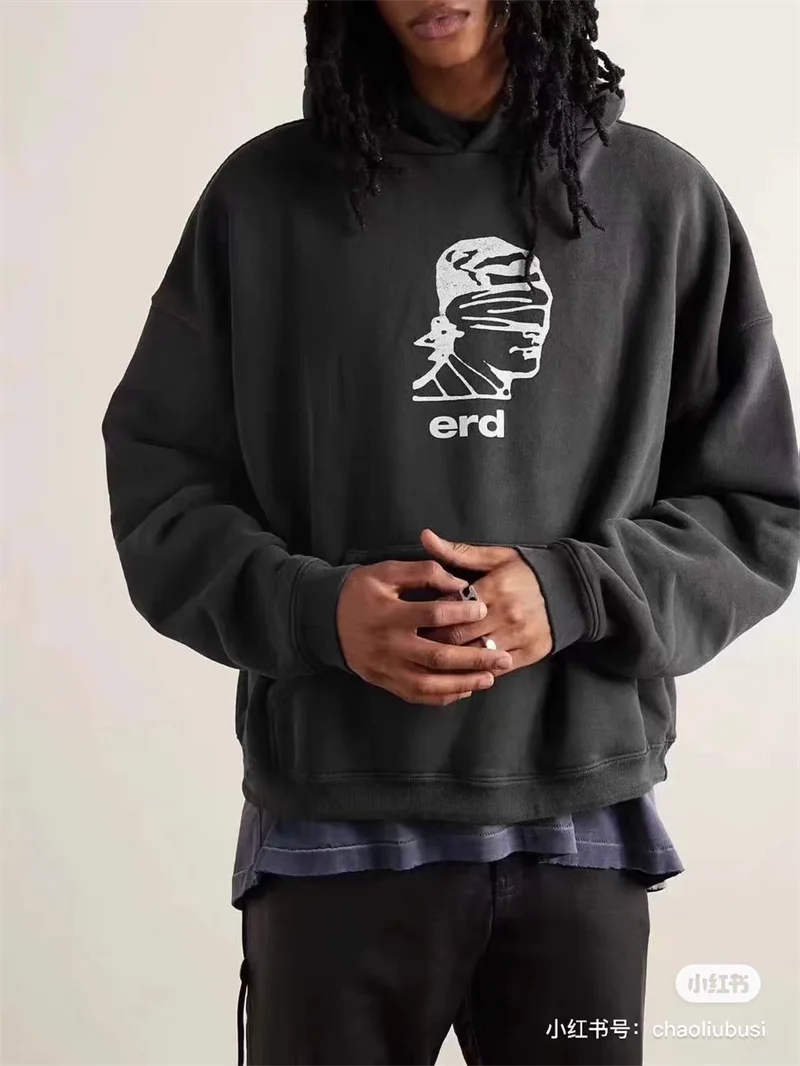 Retro washed black ERD hoodie loose casual men's and women's sportswear
