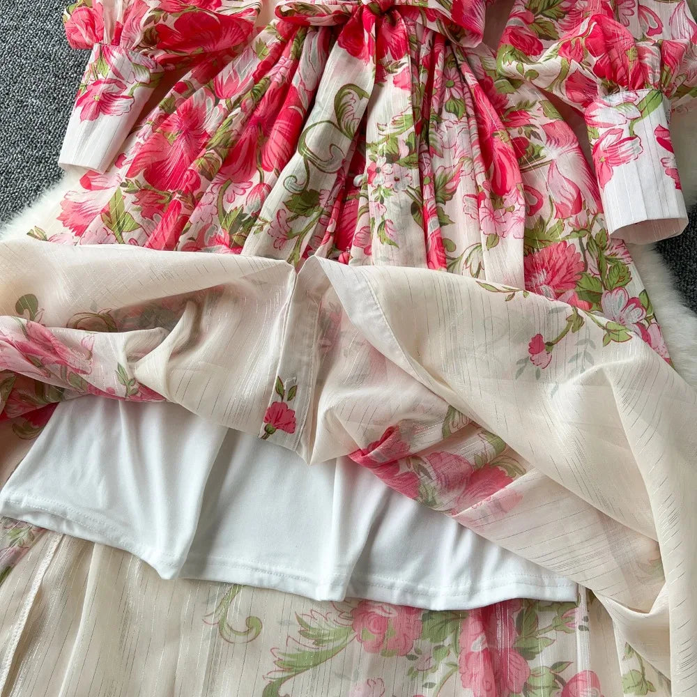 Retro Print o neck lool sleeve sashes Single Breasted Dress A-line Casual High Waist Women Summer chiffon Dresses