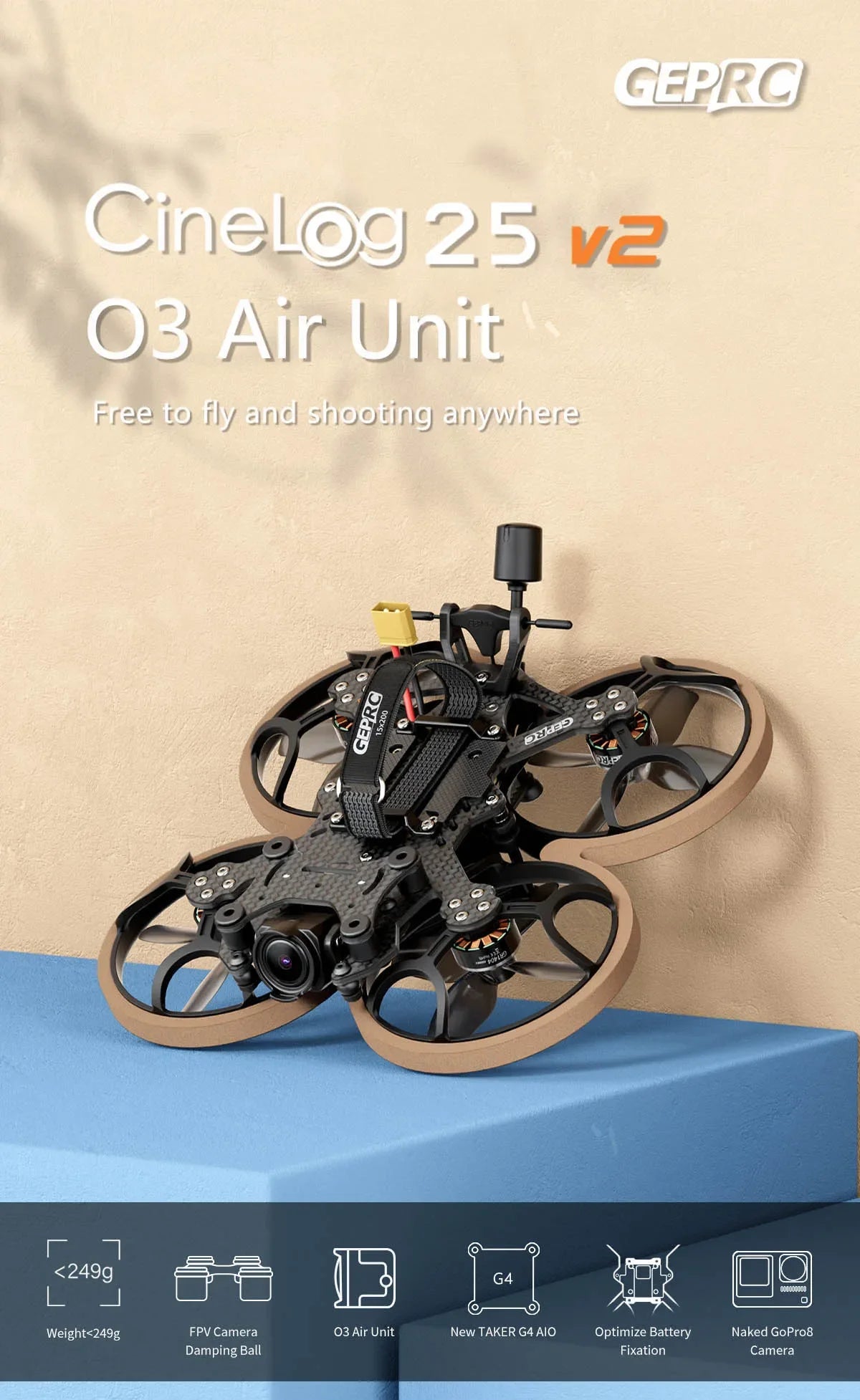 GEPRC Cinelog25 V2 Analog 5.8g 1w vtx TAKER G4 35A AIO 1404 4500KV Motor BNF 2.5-inch FPV Freestyle Drone Racing Quadcopter