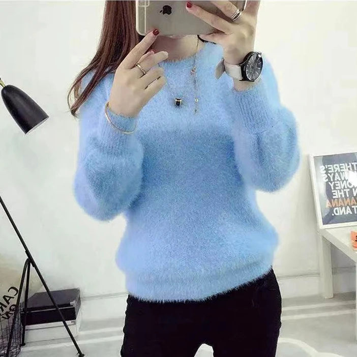 Winter Imitate Mink Wool Hot Flecing Long Puff Sleeve Female O-neck Elastic Casual Sweater Women Knitted Tops Pullovers Solid