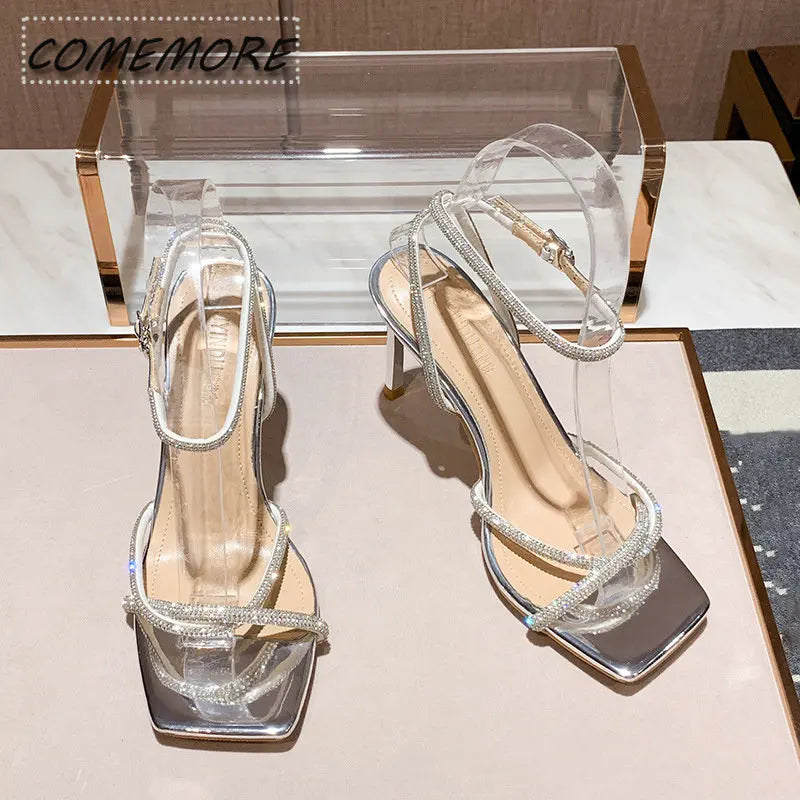 2023 Fashion Rhinestones Gladiator Silver High Heels Ankle Strap Strappy Sandals Women's Sexy Stiletto Party Bridal Shoes Summer