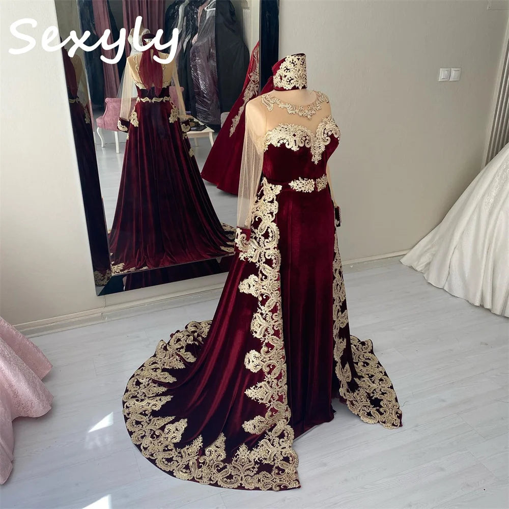 Dubai Abaya Kaftan Evening Dress With Overskirt Train 2023 Vintage Long Sleeve Velvet Engament Prom Gowns Appliques Lace Formal