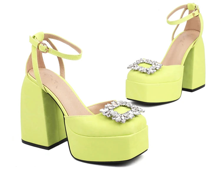 Plus Size Square Toe Super High Thick Heel Rhinestone Decal Hollow Sexy Women's Sandals Satin Fabric Ankle Strap Platform Sandal