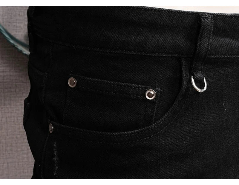 Streetwear Fashion Men Jeans Black Color Stretch Elastic Slim Fit Painted Ripped Jeans Men Patch Designer Hip Hop Pants Hombre