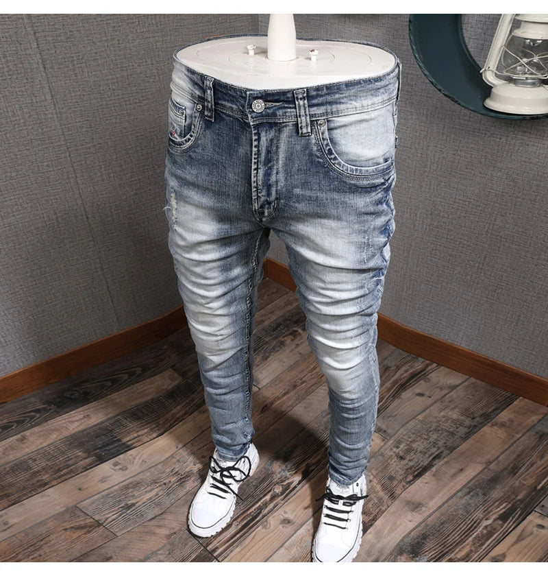 Fashion Designer Men Jeans Retro Light Blue Stretch Slim Fit Printed Ripped Jeans Men Hole Trousers Vintage Casual Pants Hombre