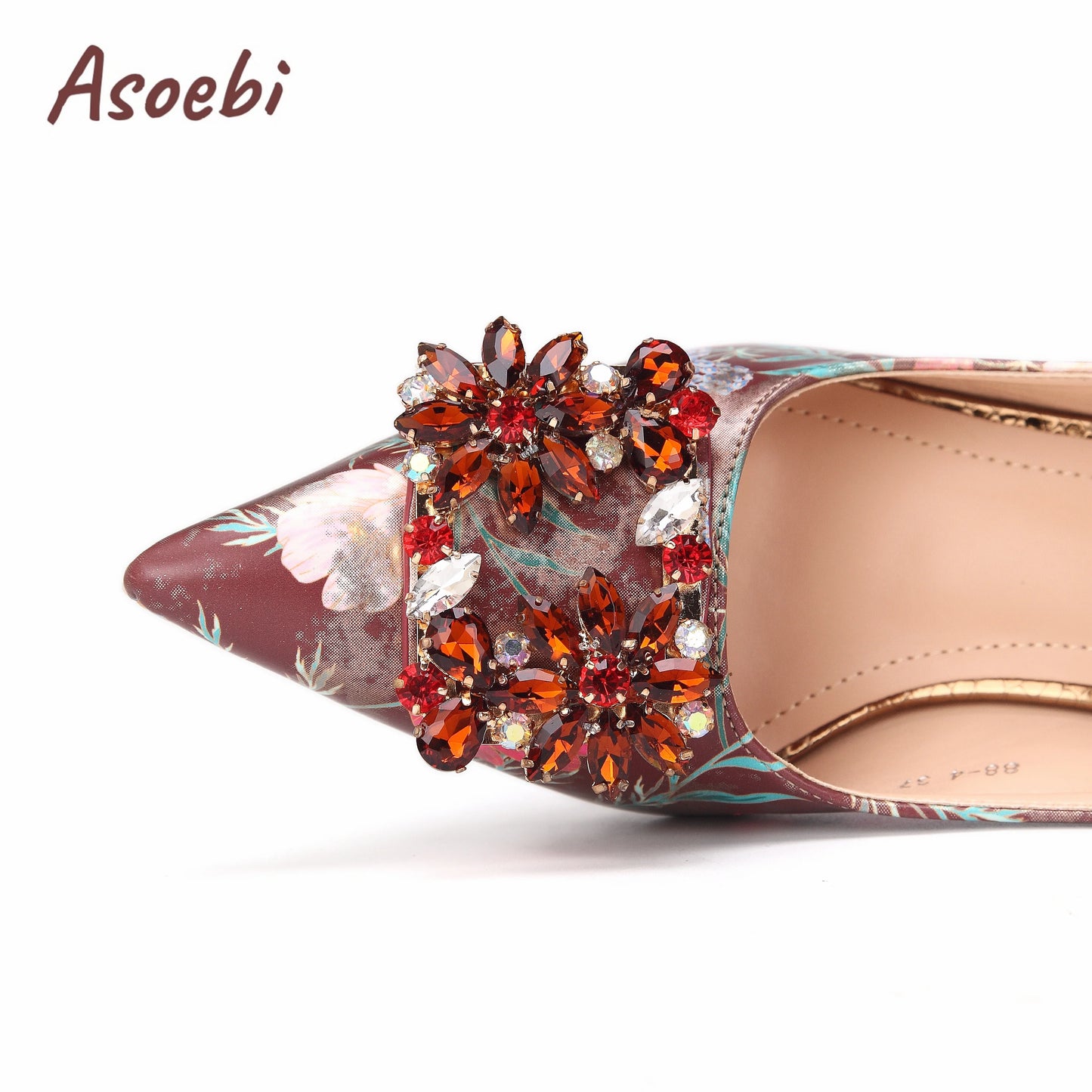 Women High Heels Sandals Printing Flower Material with Rhinestone Italian Design Coffee Color Pointed Toe Shoes and Bags Set