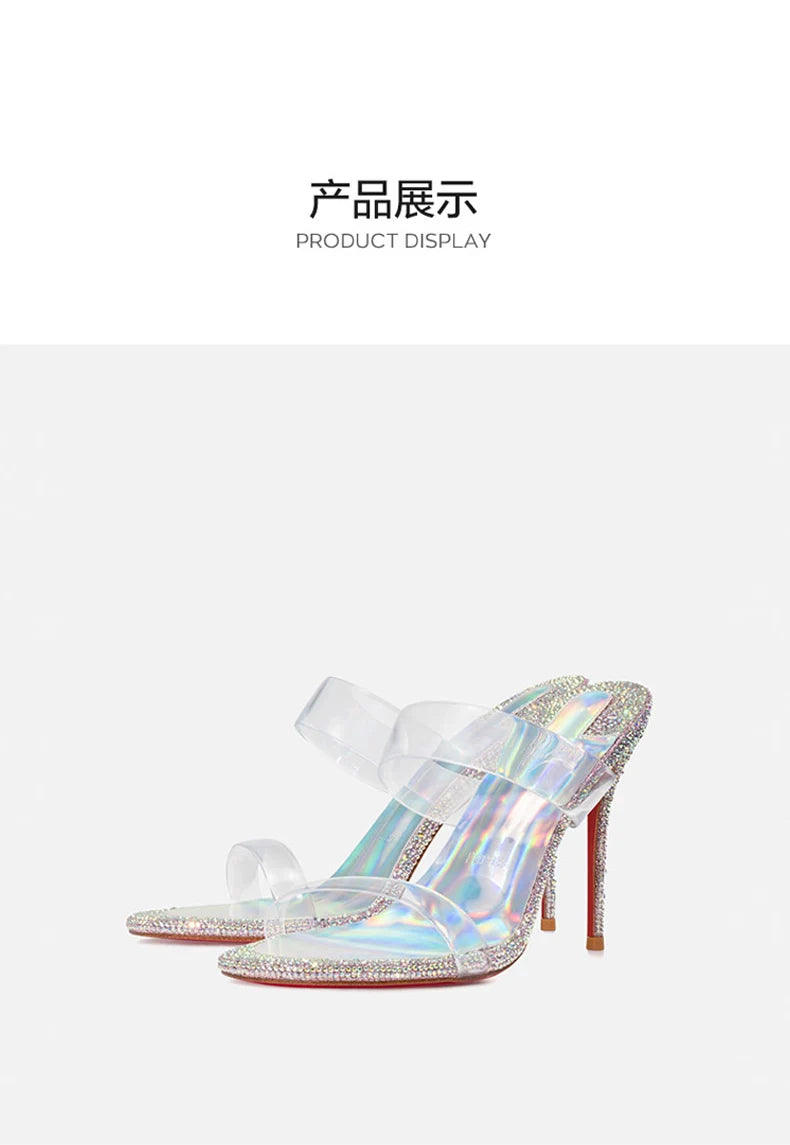 Transparent PVC Rhinestone Women's sandals Red Shiny Bottoms heeled sandals trend 2024 High-heeled slippers Luxury party women
