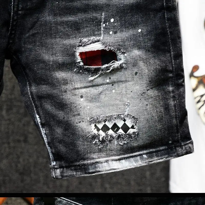 Luxury Brand Designer Clothes Men's Casual Denim Knee-Length Shorts Summer 2024 Fashion Black Patches Paint Jeans Shorts Men