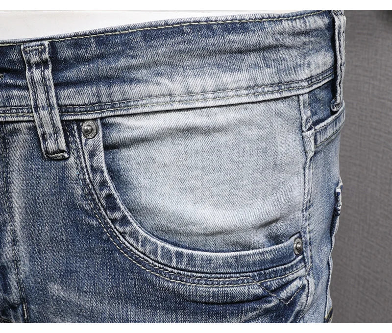 Fashion Designer Men Jeans Retro Light Blue Stretch Slim Fit Printed Ripped Jeans Men Hole Trousers Vintage Casual Pants Hombre