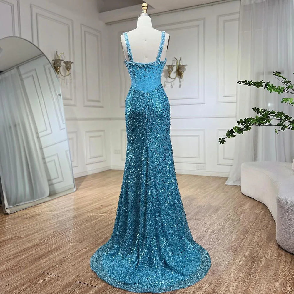 Serene Hill Beige Mermaid Floor Length Evening Gowns Luxury Beaded Crystal Spaghetti Strap Party Drsses For Women 2024 LA72163
