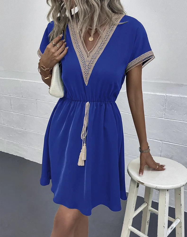 High Quality Dress Women Summer 2024 Casual Hollow Lace Patchwork V-neck Short Dress Tassels Tied Waist Belt Vintage Vestido Y2k