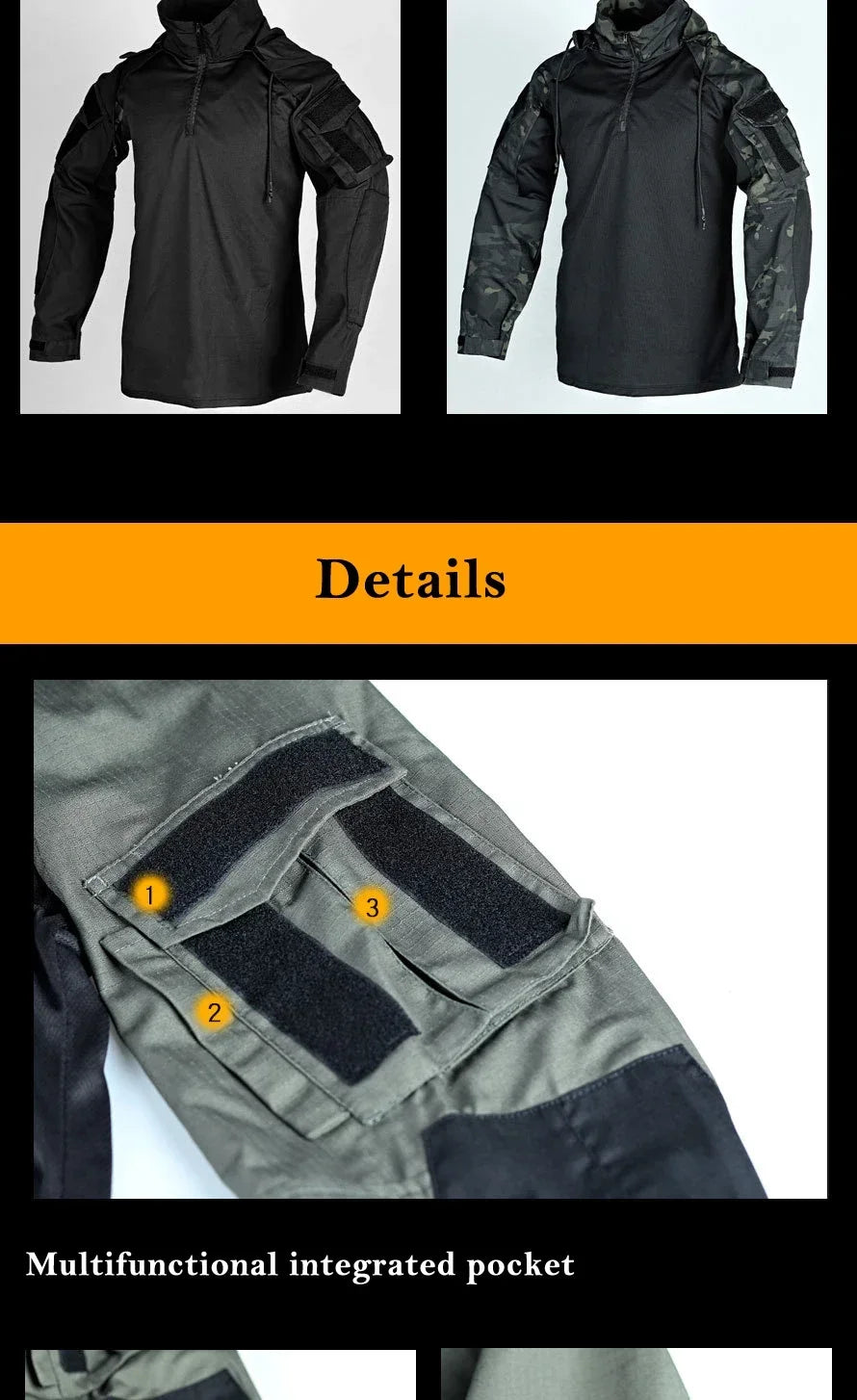 Tactical Shirts Men Long Sleeve Breathable T-shirt Camo Hooded Quick-dry Paintball T-Shirt Tops Wear-resisting