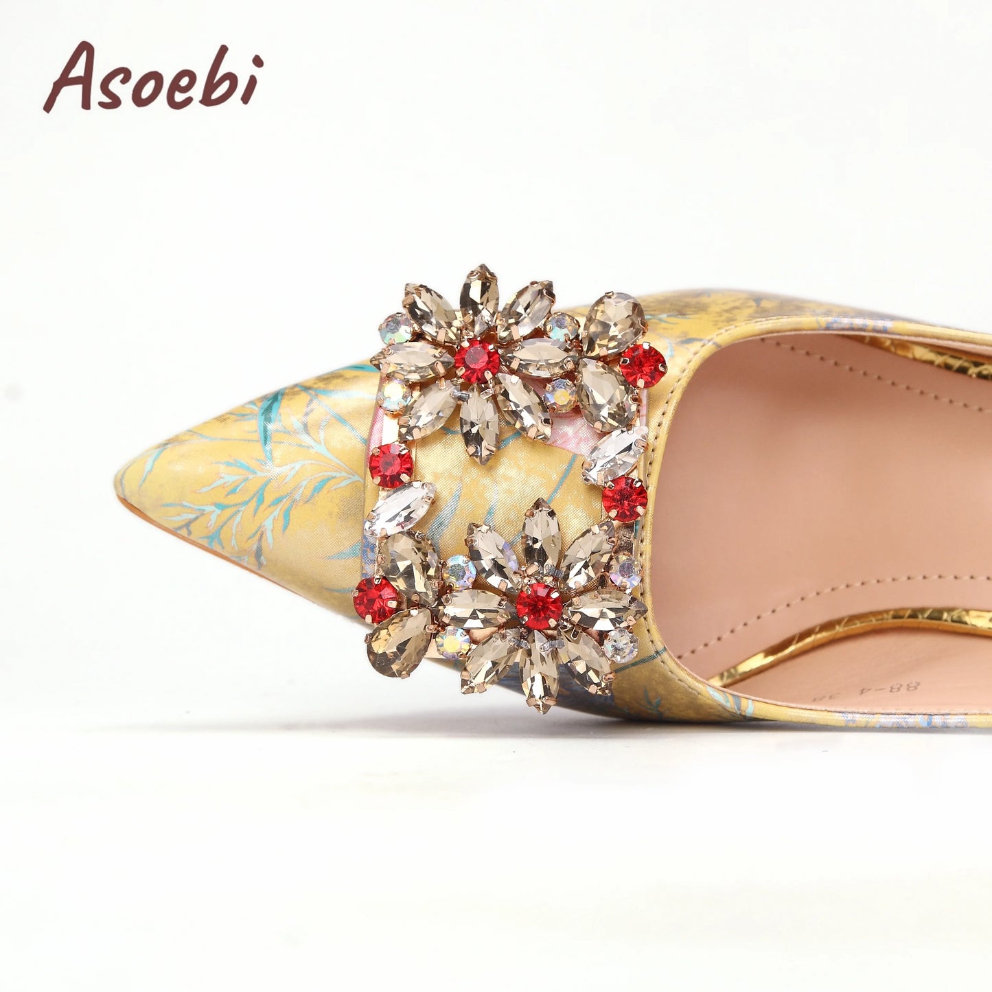 Women High Heels Sandals Printing Flower Material with Rhinestone Italian Design Coffee Color Pointed Toe Shoes and Bags Set