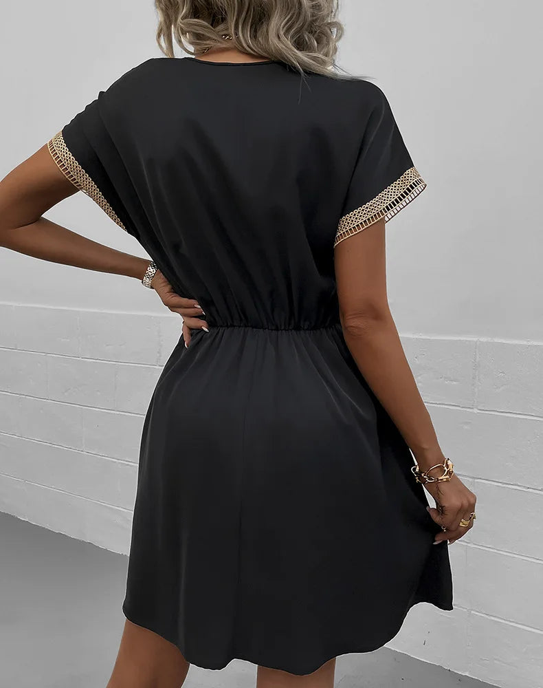 High Quality Dress Women Summer 2024 Casual Hollow Lace Patchwork V-neck Short Dress Tassels Tied Waist Belt Vintage Vestido Y2k