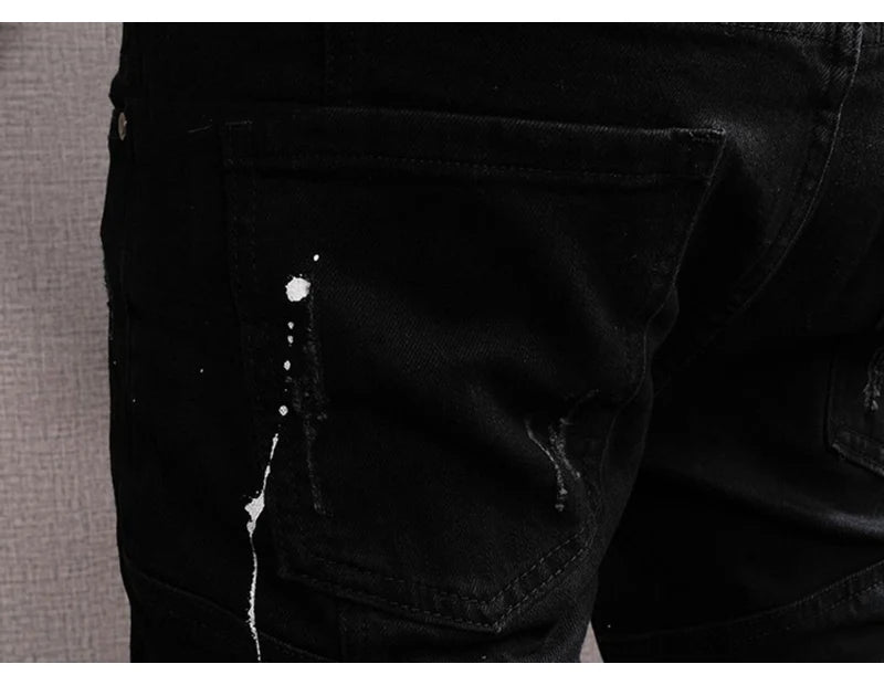 Streetwear Fashion Men Jeans Black Color Stretch Elastic Slim Fit Painted Ripped Jeans Men Patch Designer Hip Hop Pants Hombre