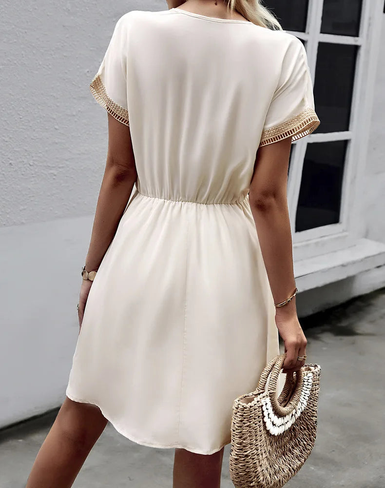 High Quality Dress Women Summer 2024 Casual Hollow Lace Patchwork V-neck Short Dress Tassels Tied Waist Belt Vintage Vestido Y2k
