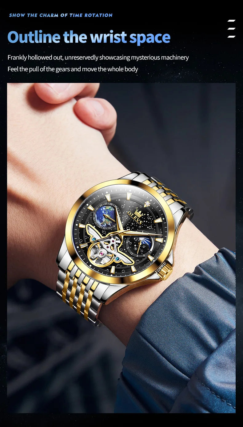 OLEVS Luxury Brand Men's Watches Luminous Waterproof Fully Automatic Mechanical Watch Starry Sky Dial Moon Phase Hollow Out