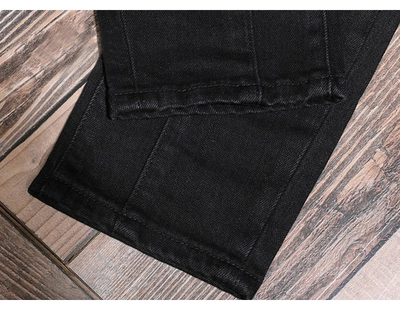 Streetwear Fashion Men Jeans Black Color Stretch Elastic Slim Fit Painted Ripped Jeans Men Patch Designer Hip Hop Pants Hombre