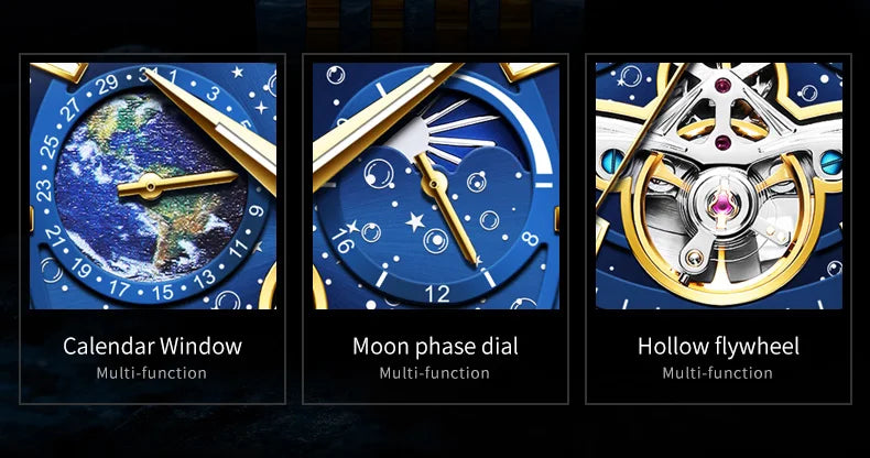 OLEVS Luxury Brand Men's Watches Luminous Waterproof Fully Automatic Mechanical Watch Starry Sky Dial Moon Phase Hollow Out