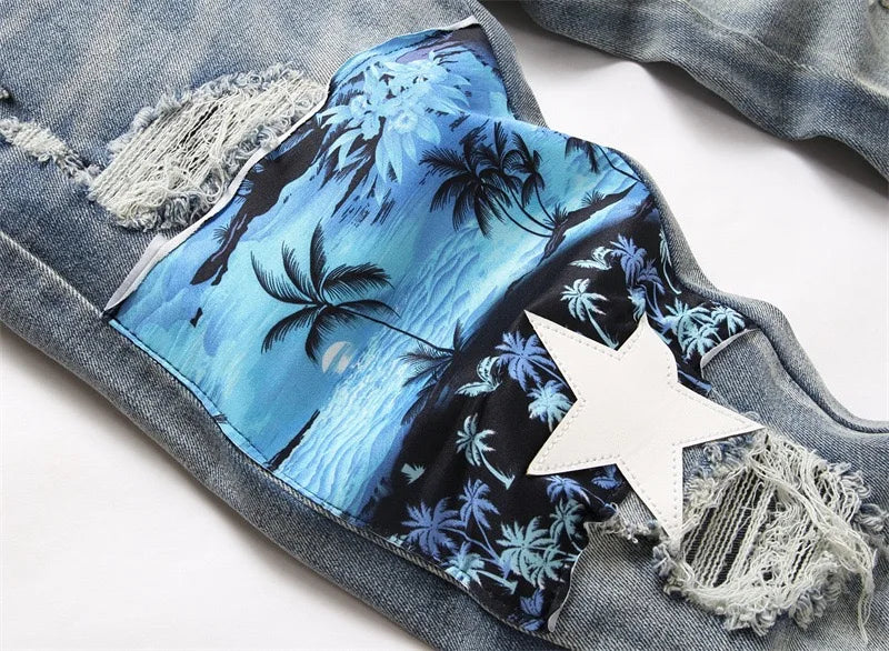 Summer Handmade Embroidery Jeans Men Pattern Small Foot Slim Fit Perforated 3D Skull Pants Worn Loose Vintage Stretch Street 024