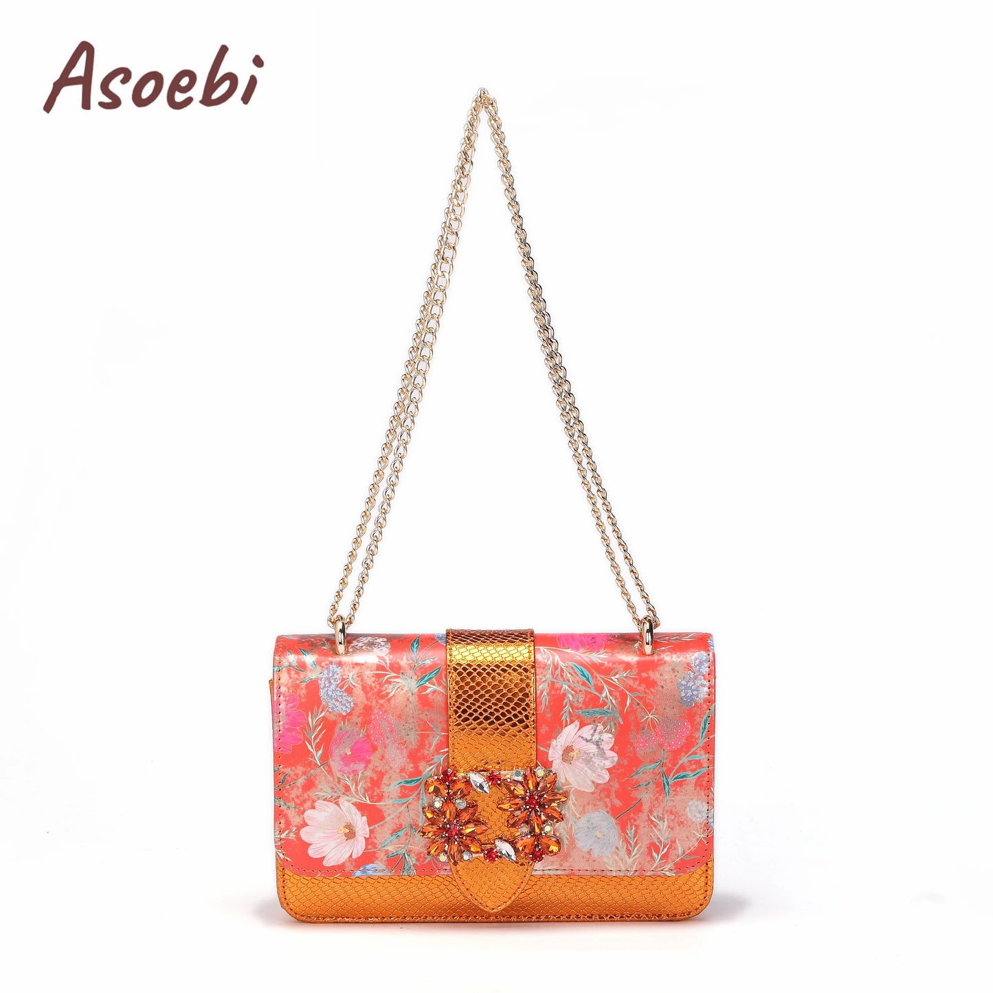 Women High Heels Sandals Printing Flower Material with Rhinestone Italian Design Coffee Color Pointed Toe Shoes and Bags Set