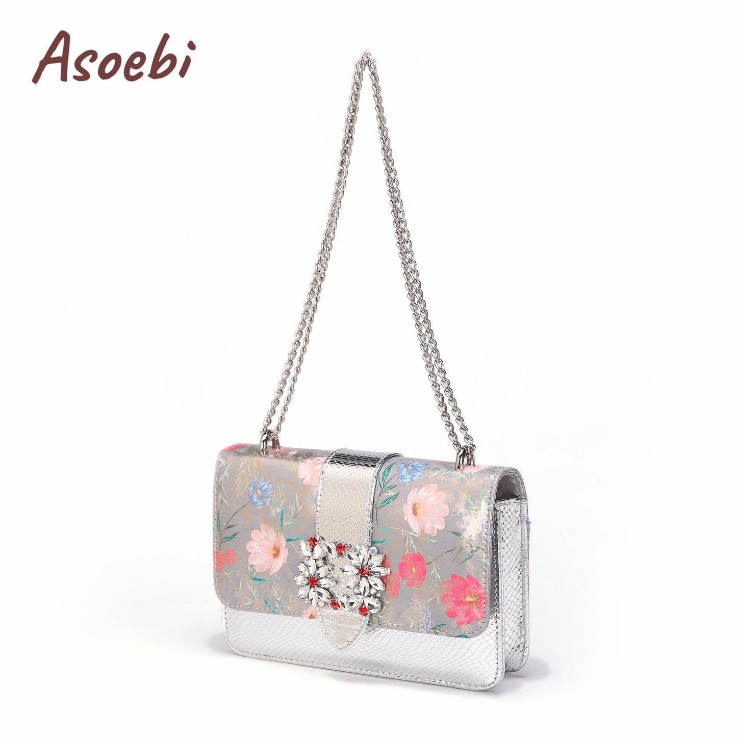 Women High Heels Sandals Printing Flower Material with Rhinestone Italian Design Coffee Color Pointed Toe Shoes and Bags Set