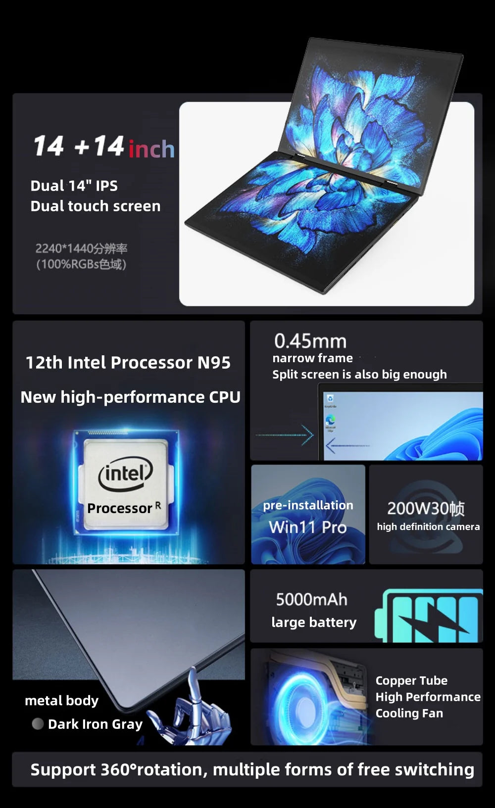 Dual Screen Laptop Intel N95 Processor 14“+14” touch Gaming Laptop DDR4 32GB 1TB 2TB SSD Notebook Computer