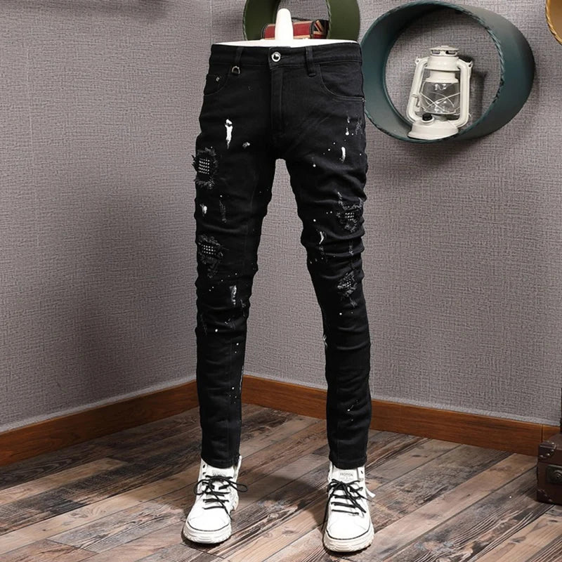 Streetwear Fashion Men Jeans Black Color Stretch Elastic Slim Fit Painted Ripped Jeans Men Patch Designer Hip Hop Pants Hombre