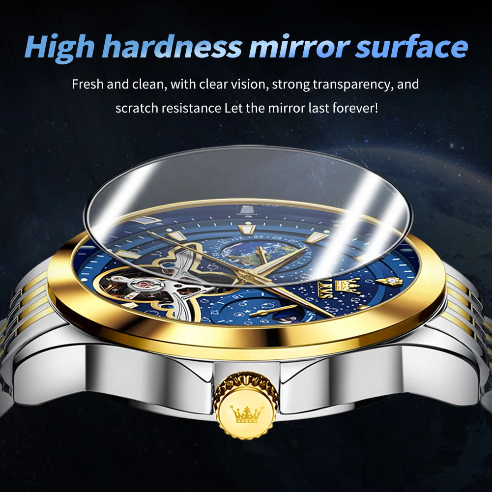 OLEVS Luxury Brand Men's Watches Luminous Waterproof Fully Automatic Mechanical Watch Starry Sky Dial Moon Phase Hollow Out