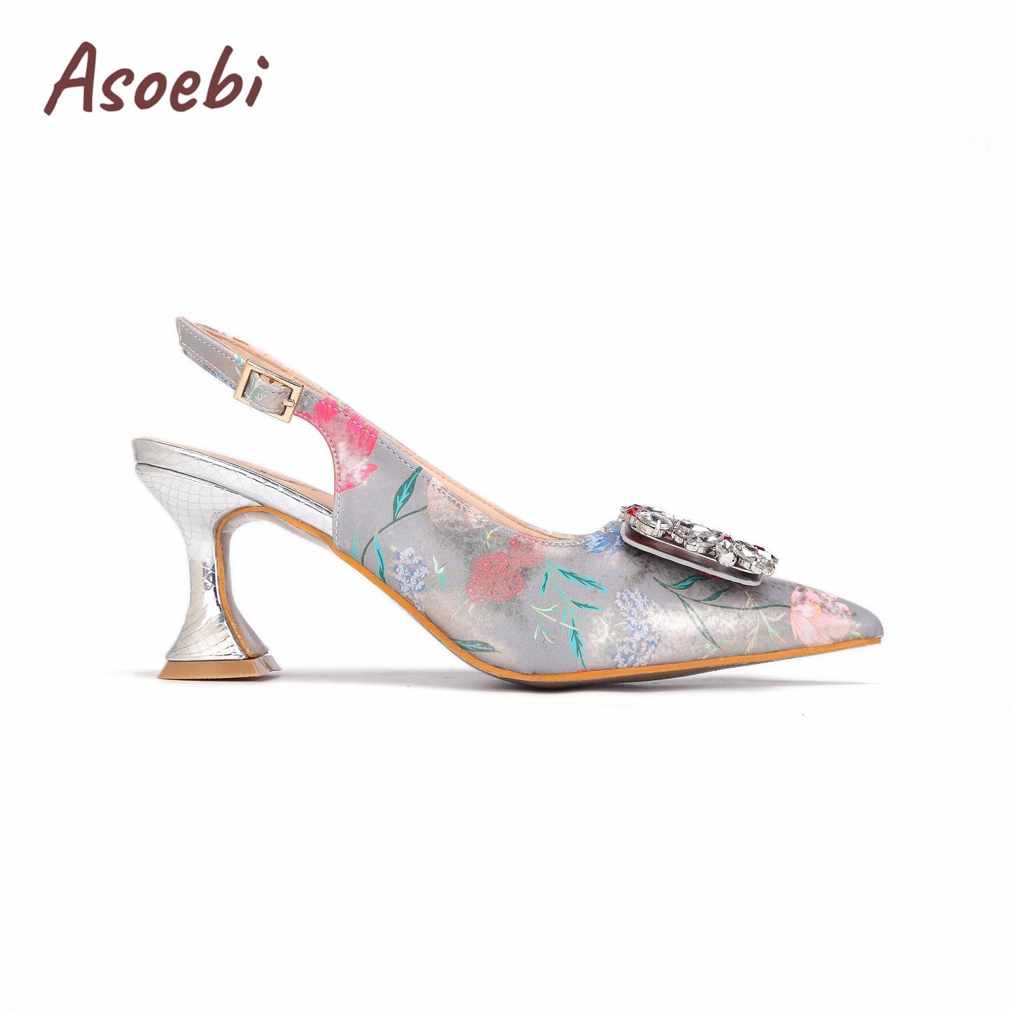 Women High Heels Sandals Printing Flower Material with Rhinestone Italian Design Coffee Color Pointed Toe Shoes and Bags Set